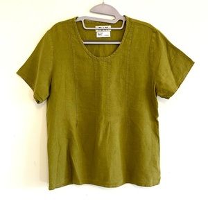 FLAX 100% LINEN Moss Green Short Sleeve Top Pleated Small Minimalist Boho